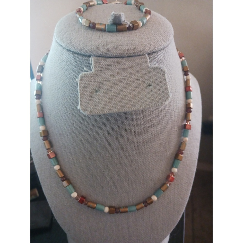 Boho Geometric Bead Necklace and Bracelet Set Turquoise Bronze Earth Tones